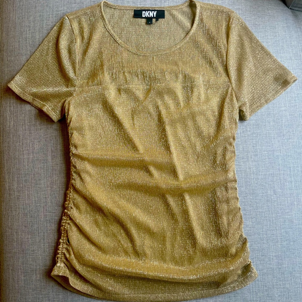 NWOT DKNY Gold Top Mesh Ruched Sides Large